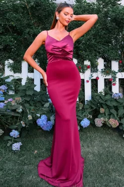 Borgonha Sereia Esparguete Correias Ruched Vestido Formal Longo