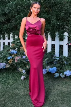 Borgonha Sereia Esparguete Correias Ruched Vestido Formal Longo