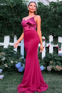 Borgonha Sereia Esparguete Correias Ruched Vestido Formal Longo