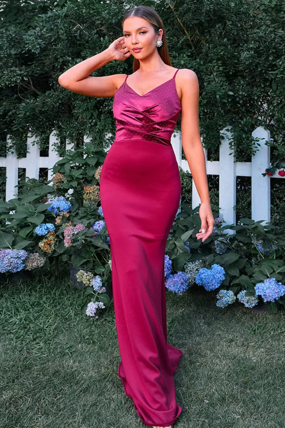 Borgonha Sereia Esparguete Correias Ruched Vestido Formal Longo