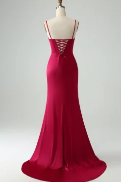 Borgonha Sereia Esparguete Correias Corset Longo Vestido de Baile com Fenda