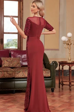 Borgonha Sereia Pescoço Redondo Sequins Long Prom Dress