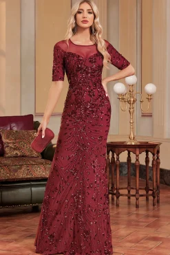 Borgonha Sereia Pescoço Redondo Sequins Long Prom Dress
