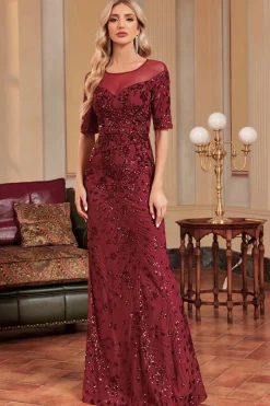 Borgonha Sereia Pescoço Redondo Sequins Long Prom Dress