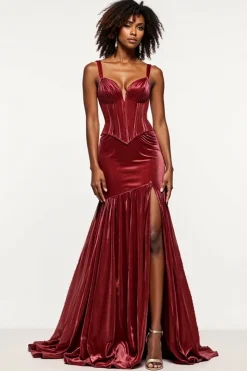 Borgonha Sereia V-Neck Corset Velvet Prom Dress