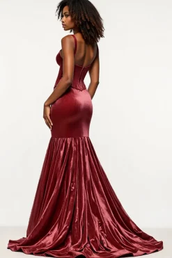 Borgonha Sereia V-Neck Corset Velvet Prom Dress