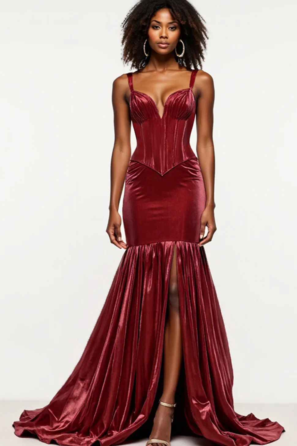 Borgonha Sereia V-Neck Corset Velvet Prom Dress
