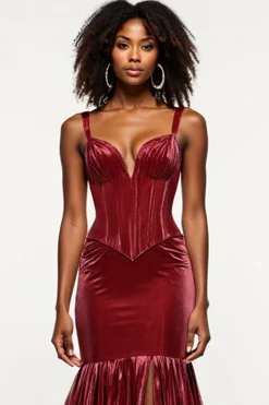 Borgonha Sereia V-Neck Corset Velvet Prom Dress