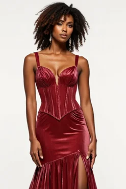 Borgonha Sereia V-Neck Corset Velvet Prom Dress