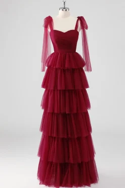 Borgonha Uma linha amarrada alças de ombro em camadas tule vestido formal