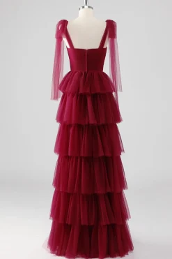 Borgonha Uma linha amarrada alças de ombro em camadas tule vestido formal