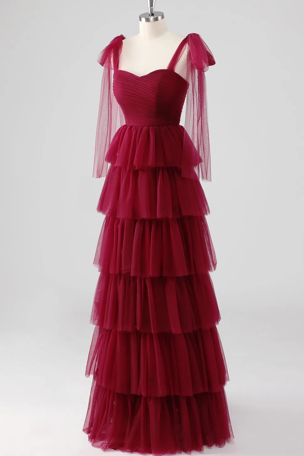 Borgonha Uma linha amarrada alças de ombro em camadas tule vestido formal
