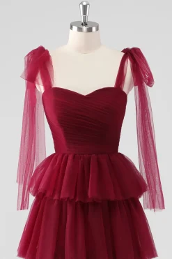 Borgonha Uma linha amarrada alças de ombro em camadas tule vestido formal