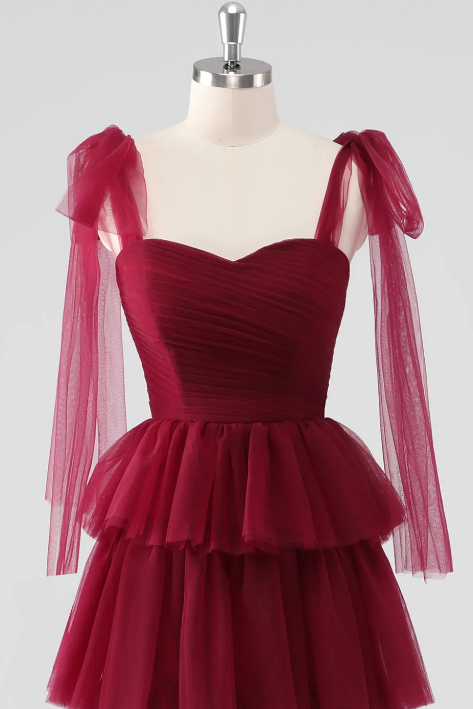 Borgonha Uma linha amarrada alças de ombro em camadas tule vestido formal