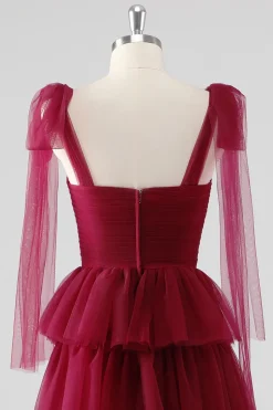 Borgonha Uma linha amarrada alças de ombro em camadas tule vestido formal