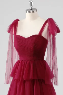 Borgonha Uma linha amarrada alças de ombro em camadas tule vestido formal