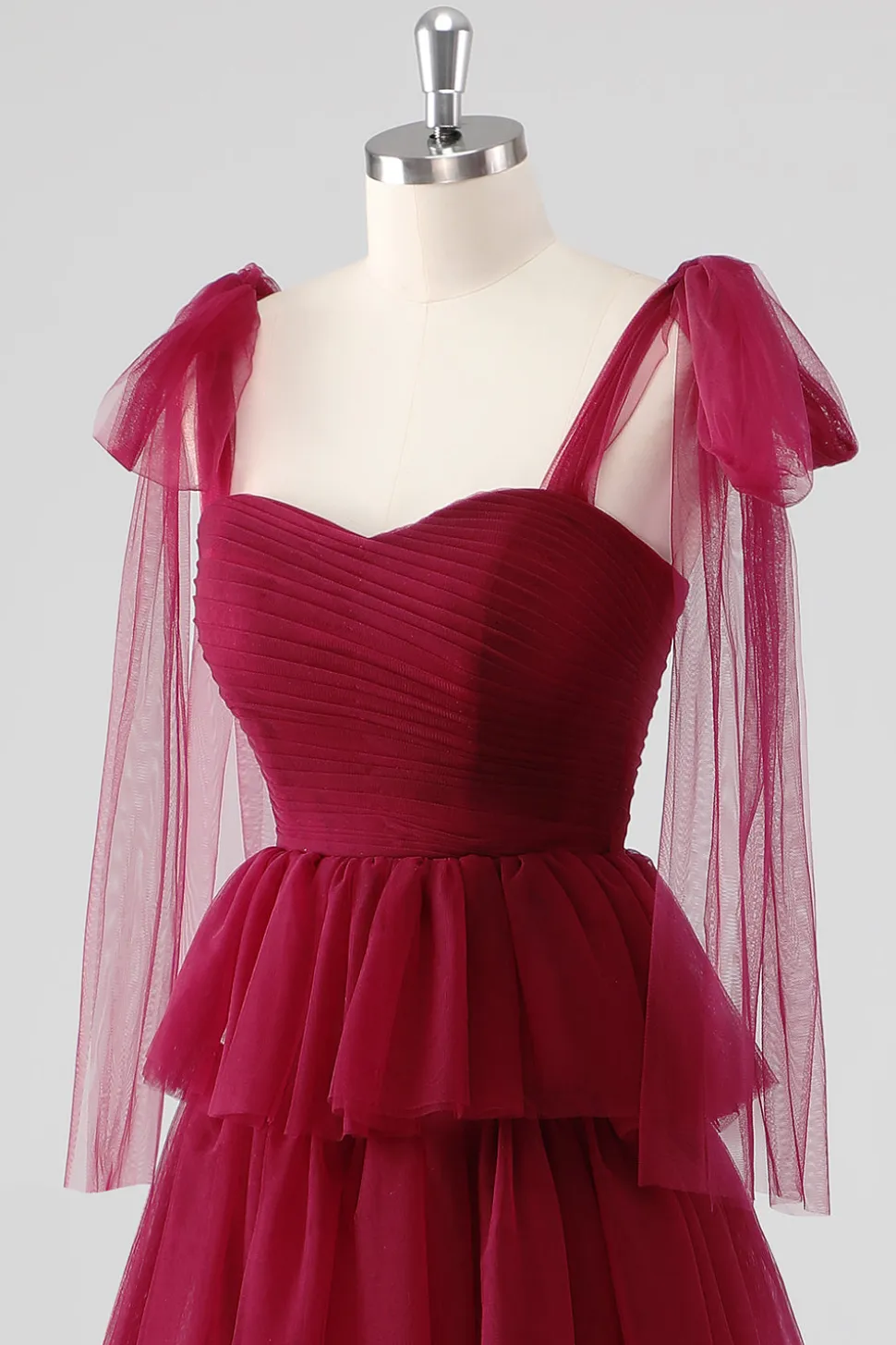 Borgonha Uma linha amarrada alças de ombro em camadas tule vestido formal
