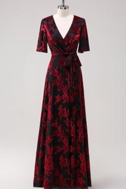 Borgonha Uma Linha Burnout Veludo Vestido Longo Baile
