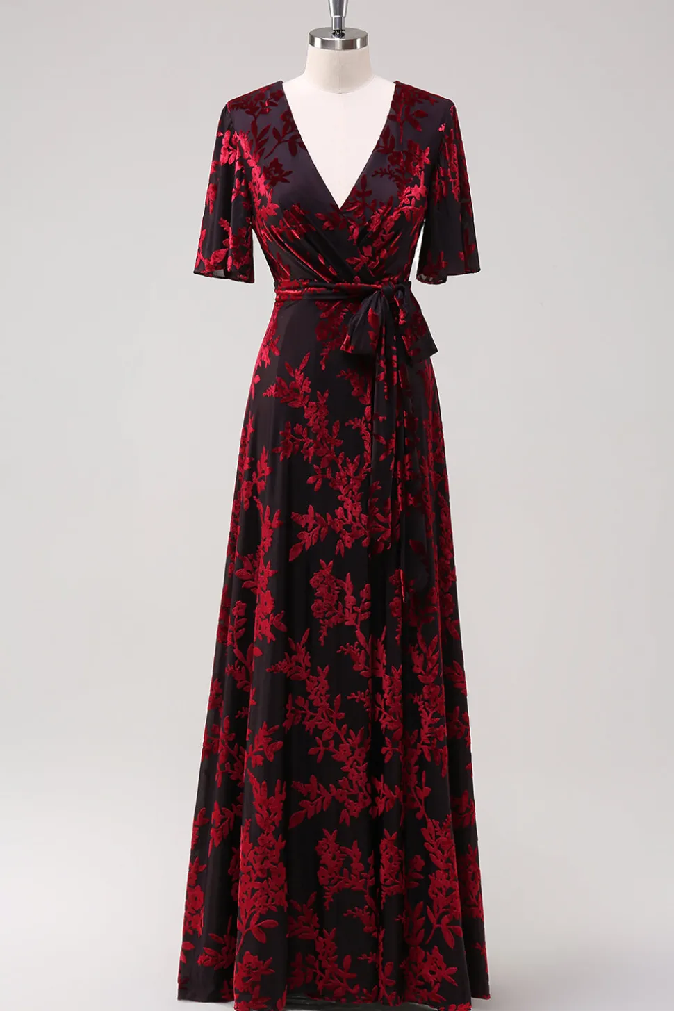 Borgonha Uma Linha Burnout Veludo Vestido Longo Baile