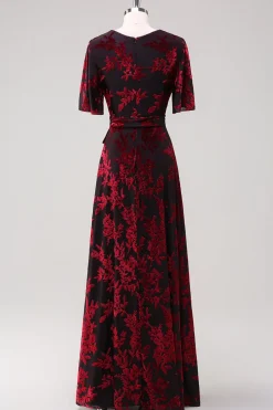 Borgonha Uma Linha Burnout Veludo Vestido Longo Baile