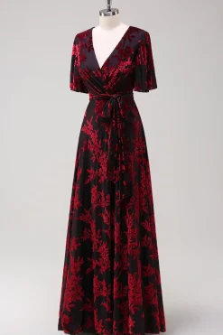 Borgonha Uma Linha Burnout Veludo Vestido Longo Baile