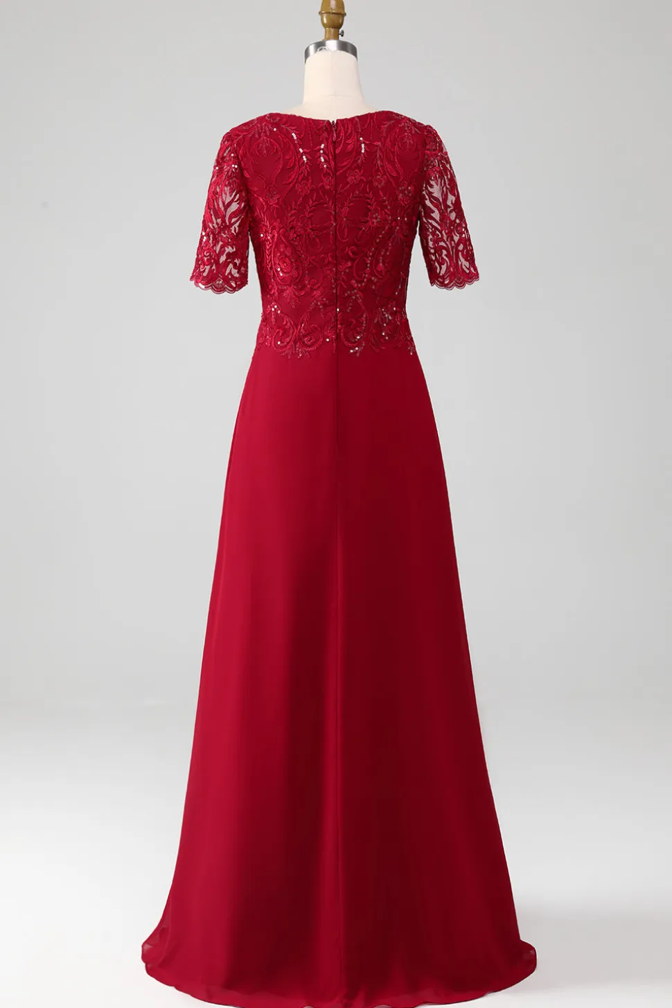 Borgonha Uma linha de pescoço redondo brilhante lantejoulas mãe de vestido de noiva com apliques