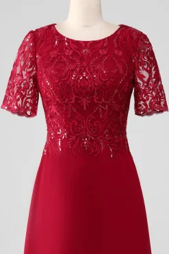 Borgonha Uma linha de pescoço redondo brilhante lantejoulas mãe de vestido de noiva com apliques