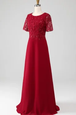 Borgonha Uma linha de pescoço redondo brilhante lantejoulas mãe de vestido de noiva com apliques