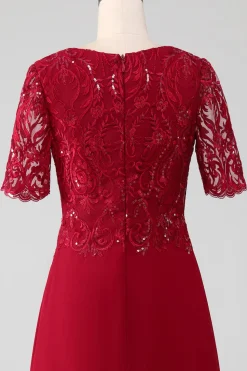 Borgonha Uma linha de pescoço redondo brilhante lantejoulas mãe de vestido de noiva com apliques