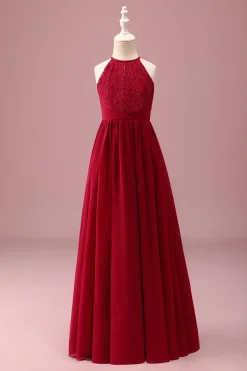 Borgonha Uma linha de pescoço redondo sem mangas vestido de dama de honra júnior
