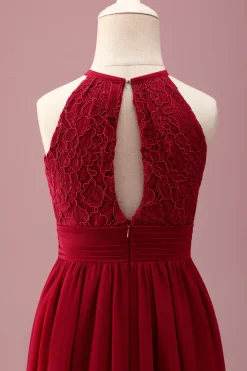 Borgonha Uma linha de pescoço redondo sem mangas vestido de dama de honra júnior