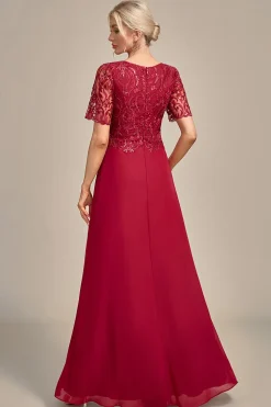 Borgonha Uma linha de pescoço redondo lantejoulas mãe do vestido de noiva com apliques