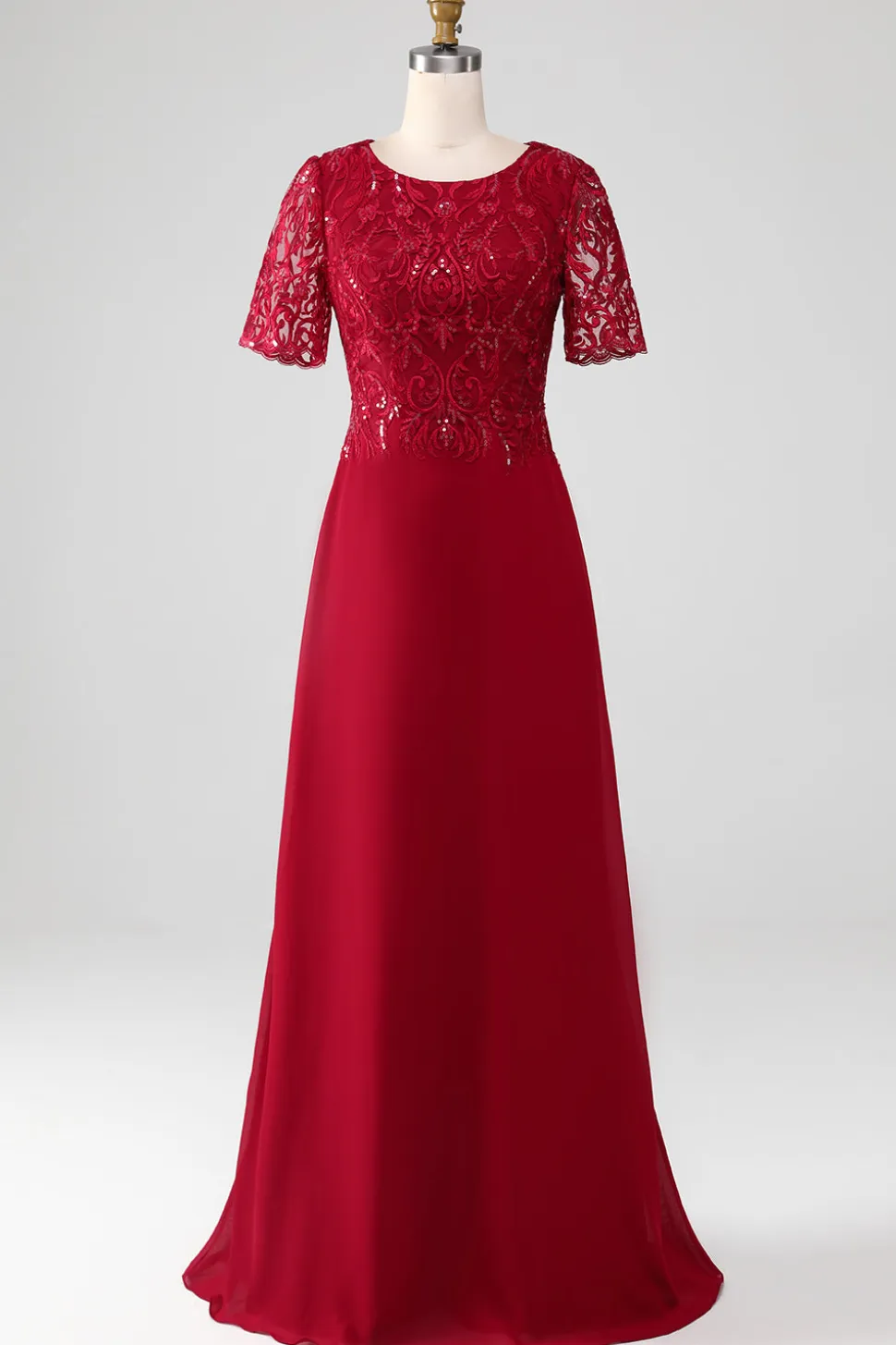 Borgonha Uma linha de pescoço redondo lantejoulas mãe do vestido de noiva com apliques