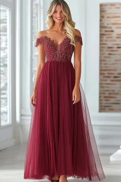 Borgonha Uma linha de renda de tule fora do ombro mãe do vestido de noiva