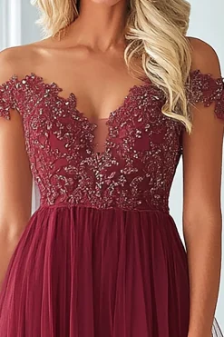Borgonha Uma linha de renda de tule fora do ombro mãe do vestido de noiva