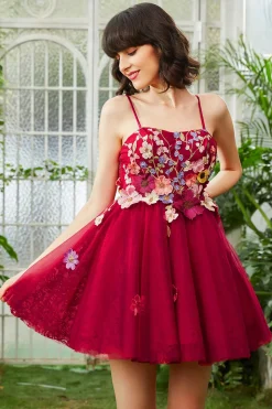 Borgonha Uma linha espaguete alças Homecoming vestido com flores 3D