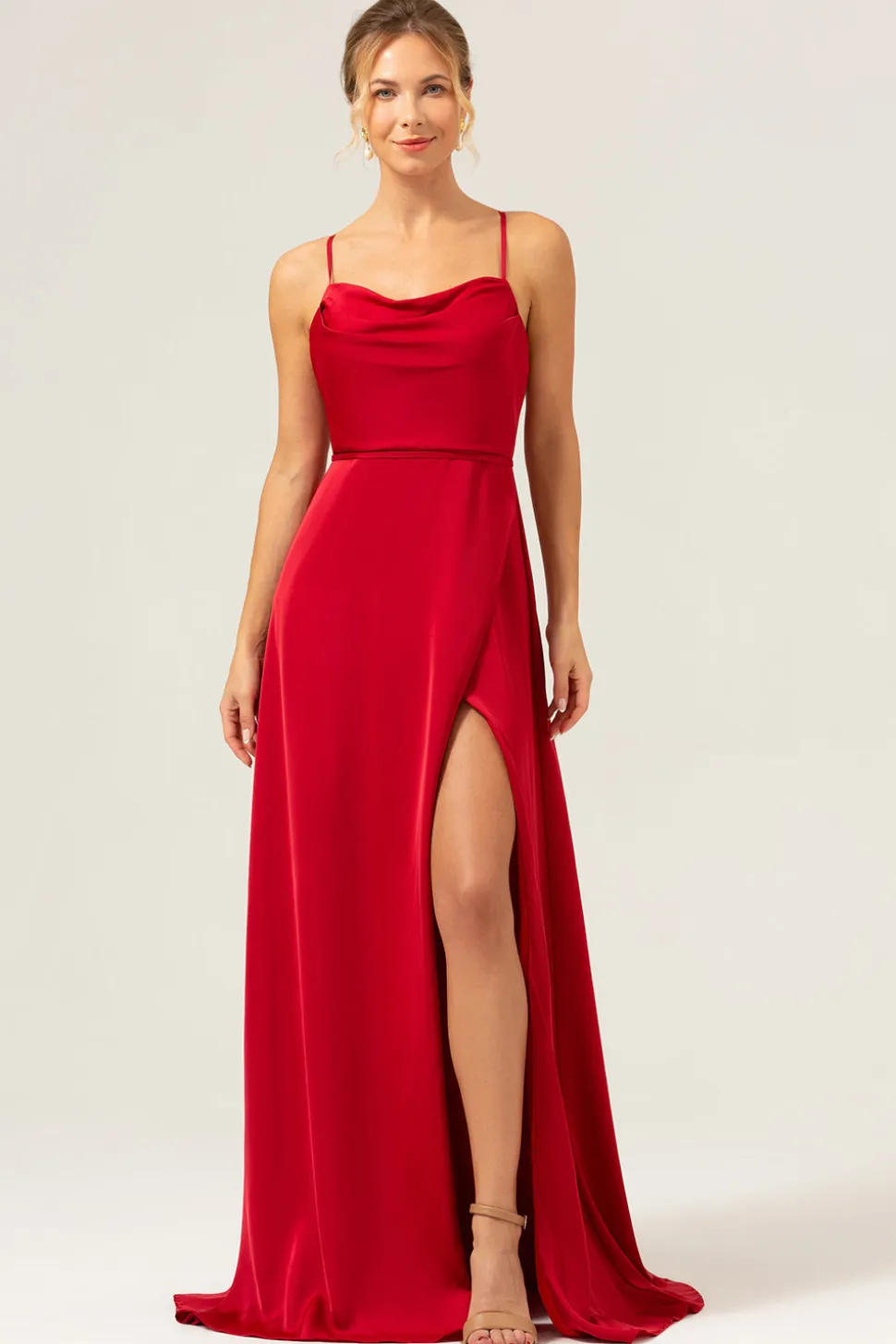 Borgonha Uma Linha Esparguete Correias Backless Cetim Long Vestido Madrinha com Fenda