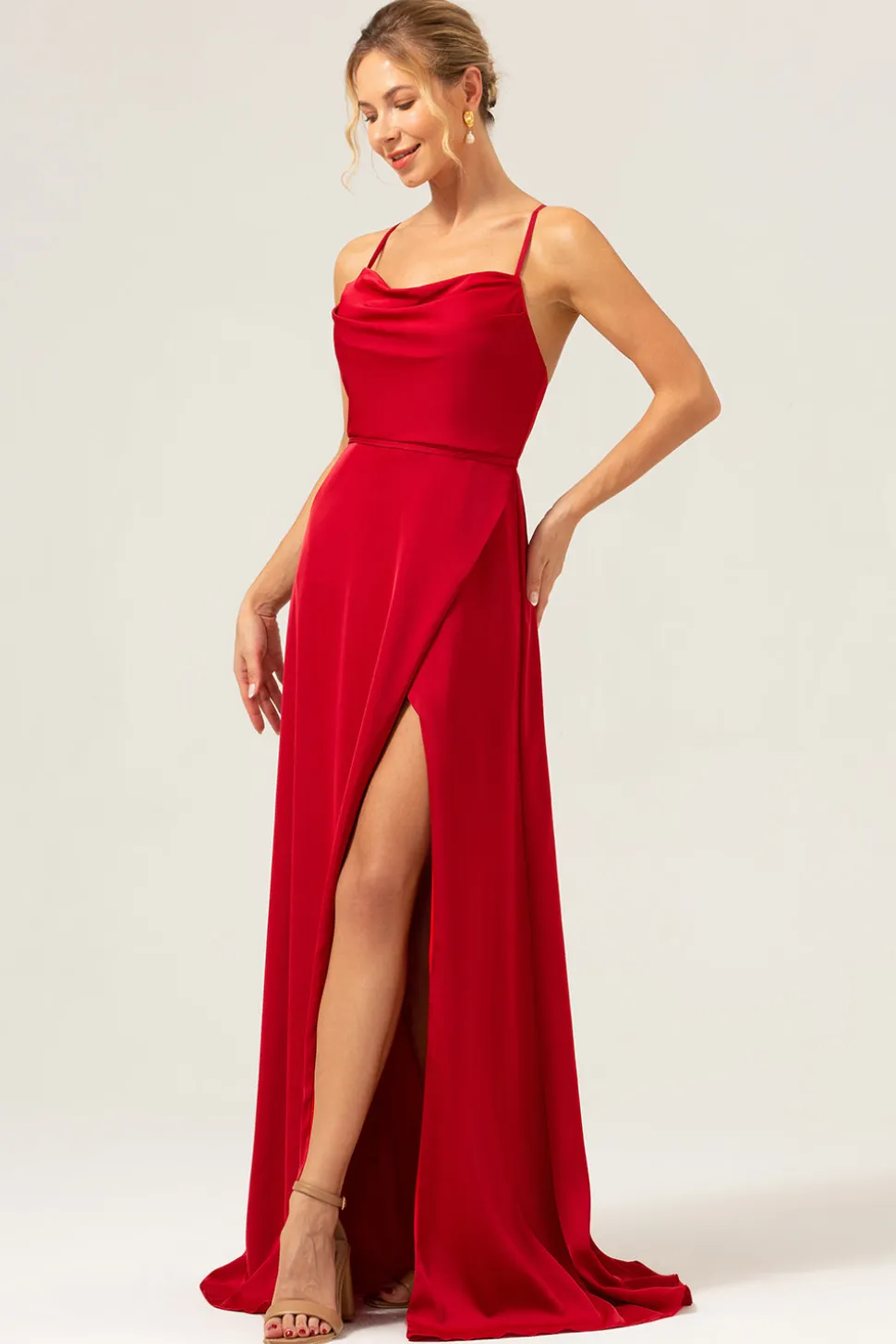 Borgonha Uma Linha Esparguete Correias Backless Cetim Long Vestido Madrinha com Fenda