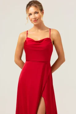 Borgonha Uma Linha Esparguete Correias Backless Cetim Long Vestido Madrinha com Fenda