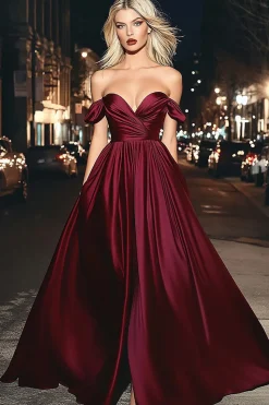 Borgonha Uma linha fora do ombro longo vestido de baile de cetim