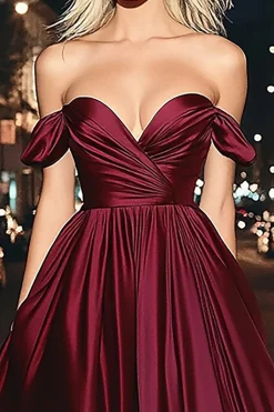 Borgonha Uma linha fora do ombro longo vestido de baile de cetim