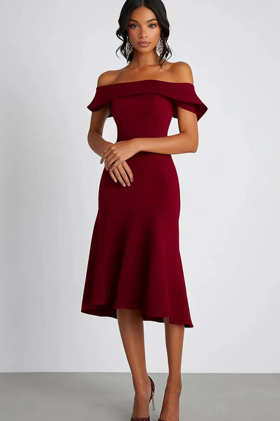 Borgonha Uma linha fora do ombro joelho comprimento vestido formal