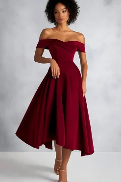 Borgonha Uma linha fora do ombro Midi vestido formal