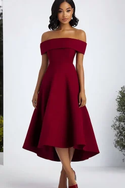Borgonha Uma linha fora do ombro Midi vestido formal