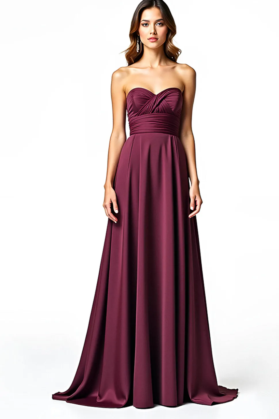 Borgonha Uma linha plissado sem alças vestido formal