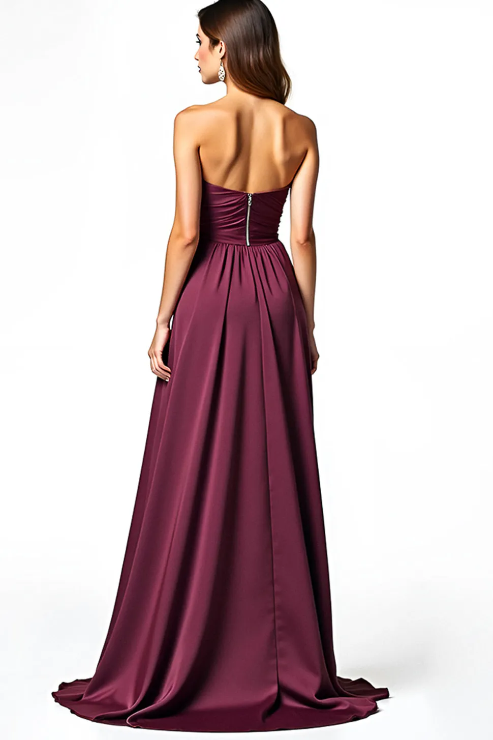 Borgonha Uma linha plissado sem alças vestido formal