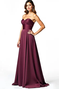 Borgonha Uma linha plissado sem alças vestido formal