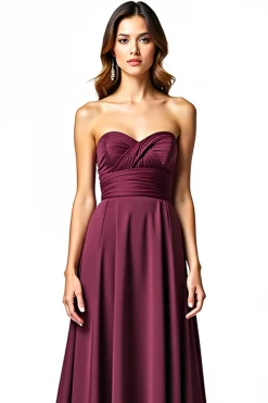 Borgonha Uma linha plissado sem alças vestido formal