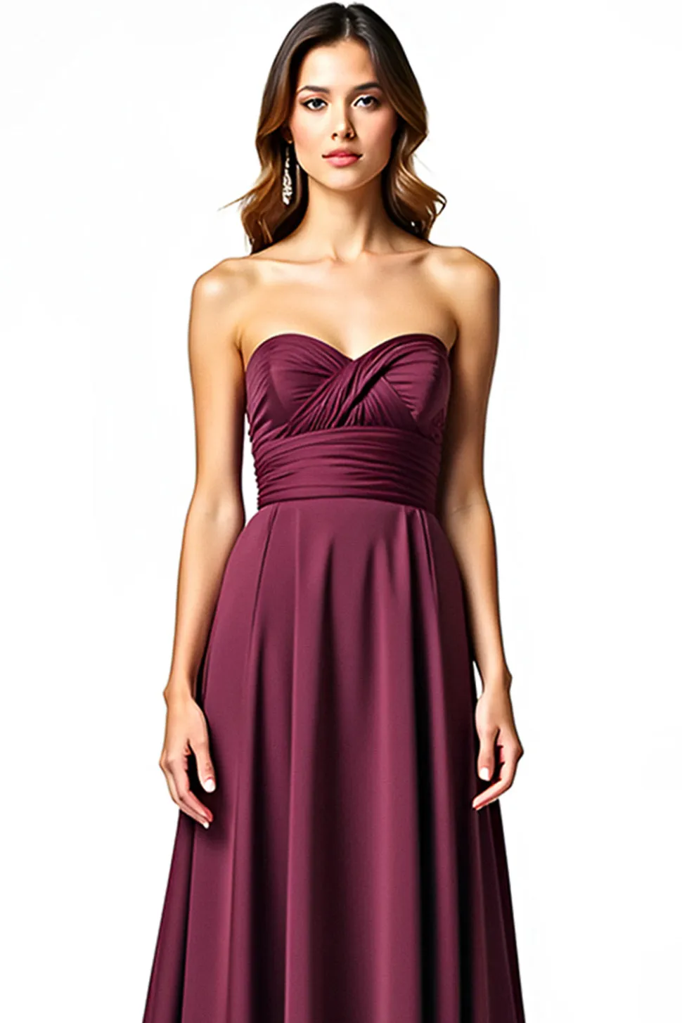 Borgonha Uma linha plissado sem alças vestido formal
