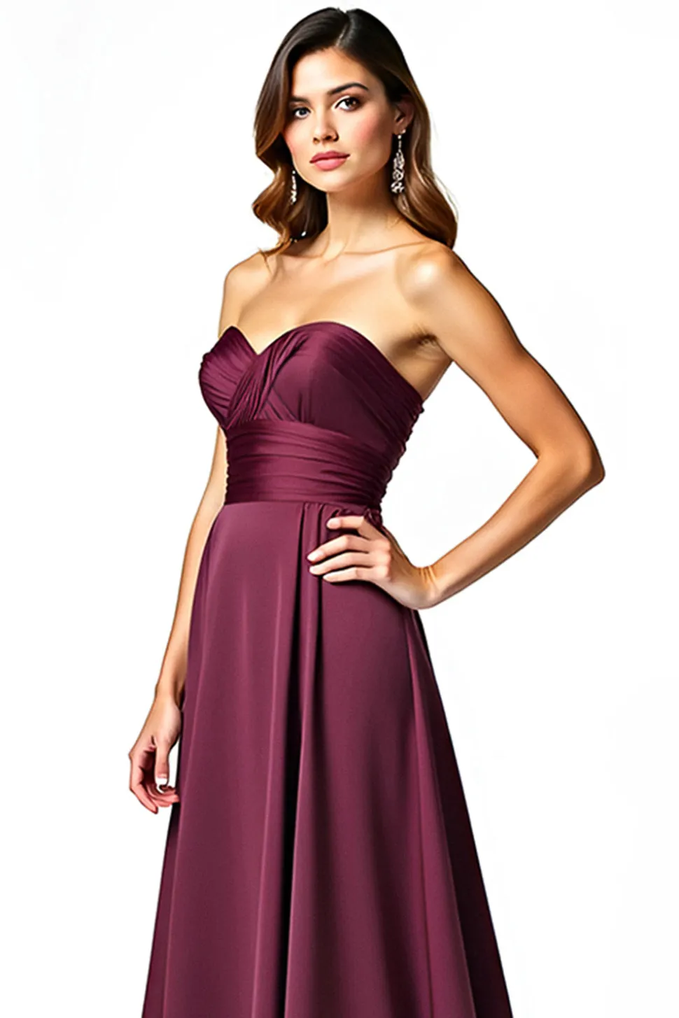 Borgonha Uma linha plissado sem alças vestido formal